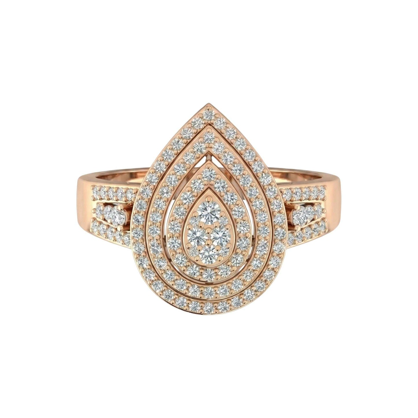 Rose gold ring with diamond accents on a white background