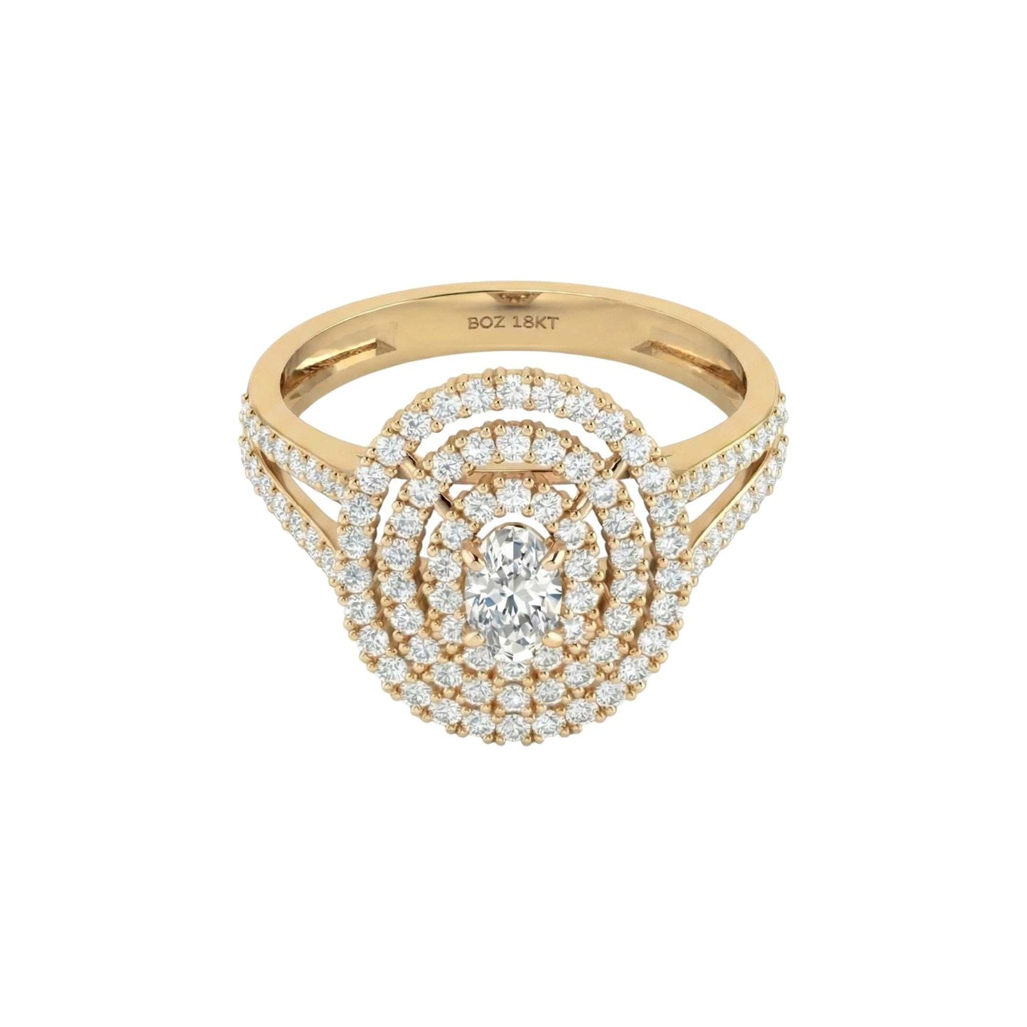 Gold ring with diamond accents on a white background