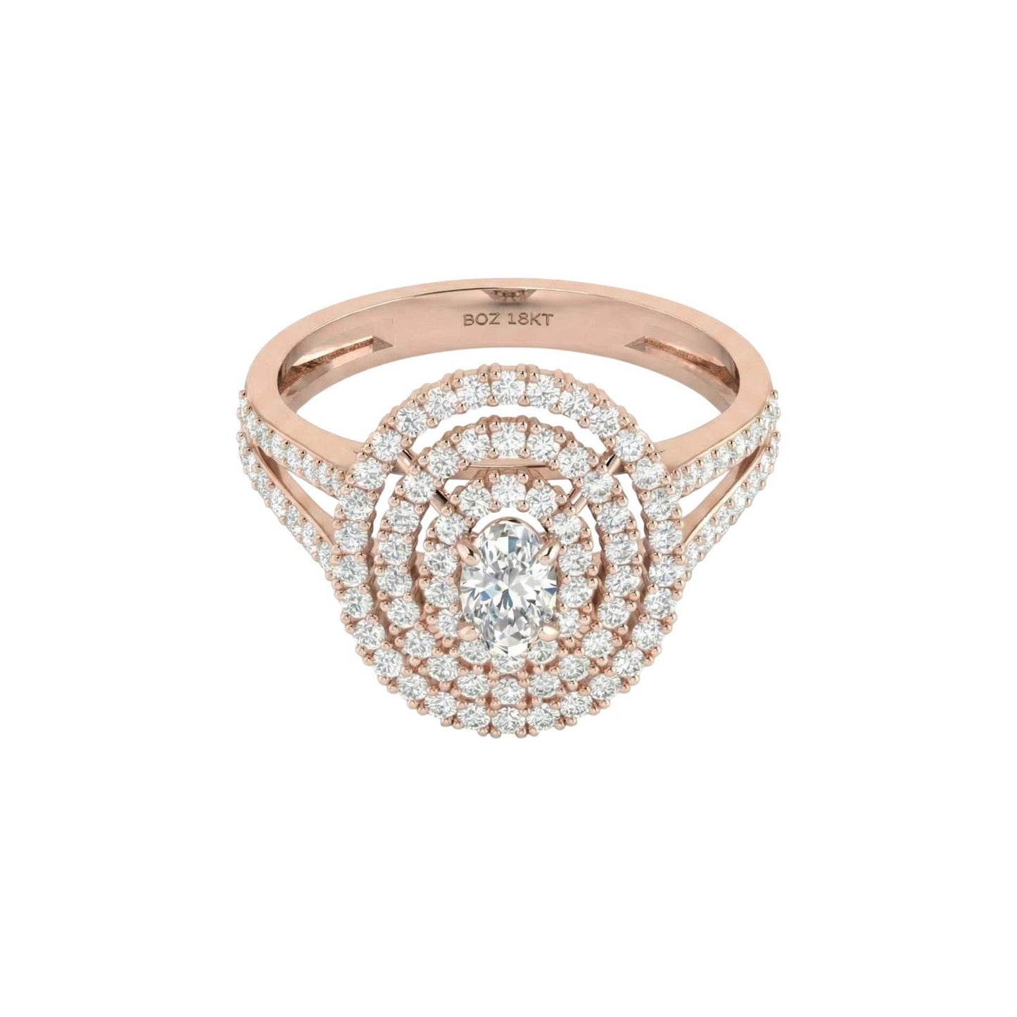 Rose gold ring with diamond accents on a white background