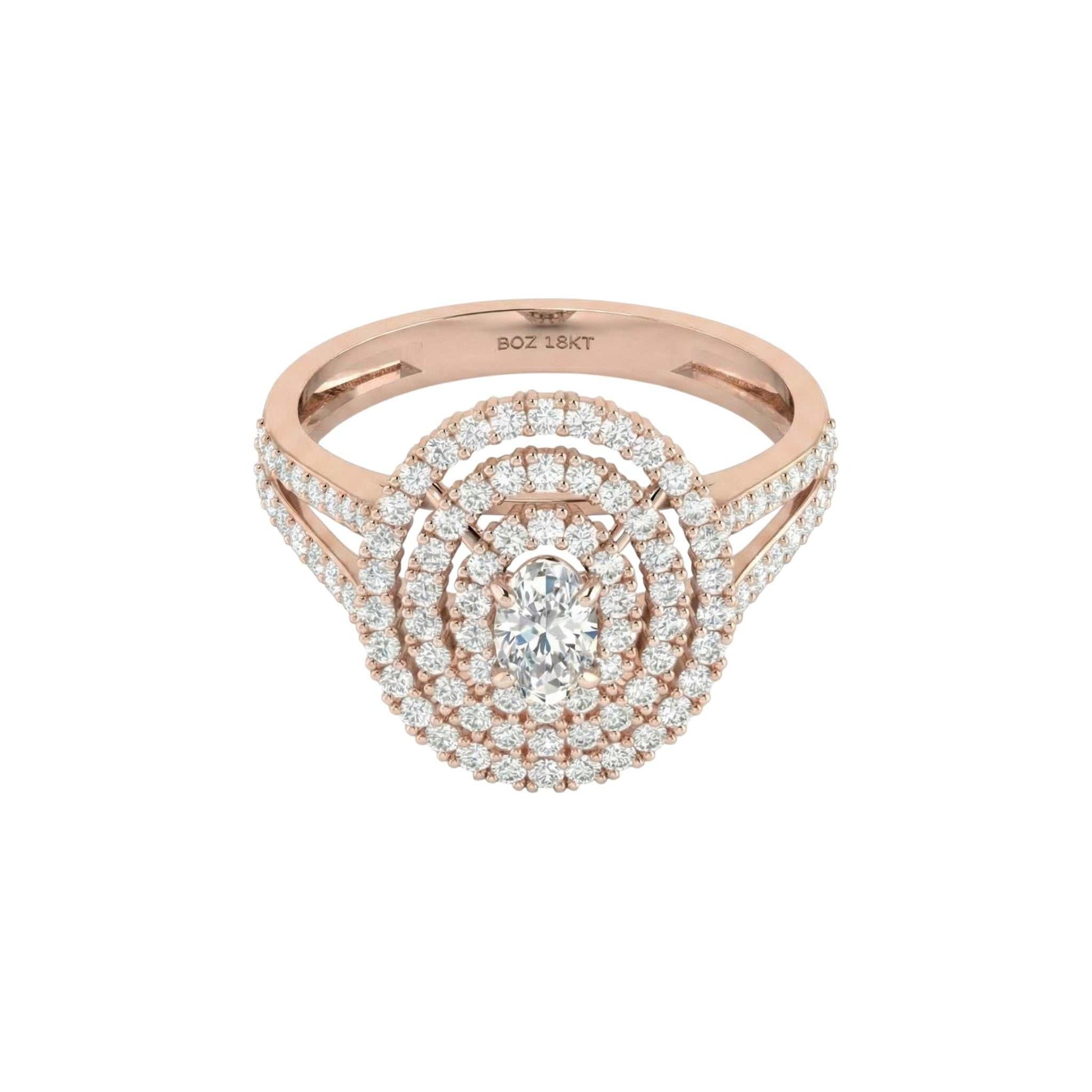 Rose gold ring with diamond accents on a white background