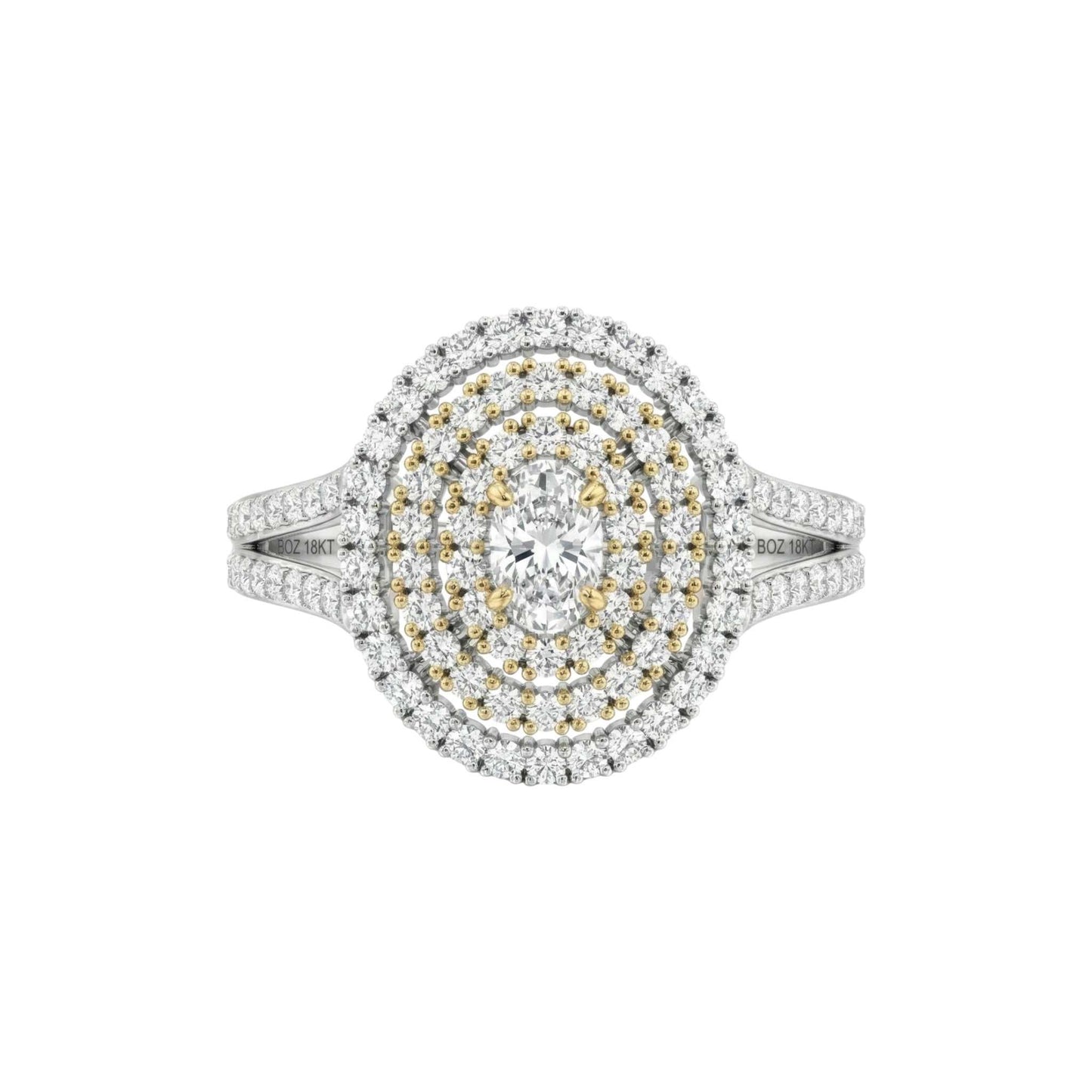 Jasmine Oval Cut natural diamond engagement ring with oval center and layered halos in 18KT gold