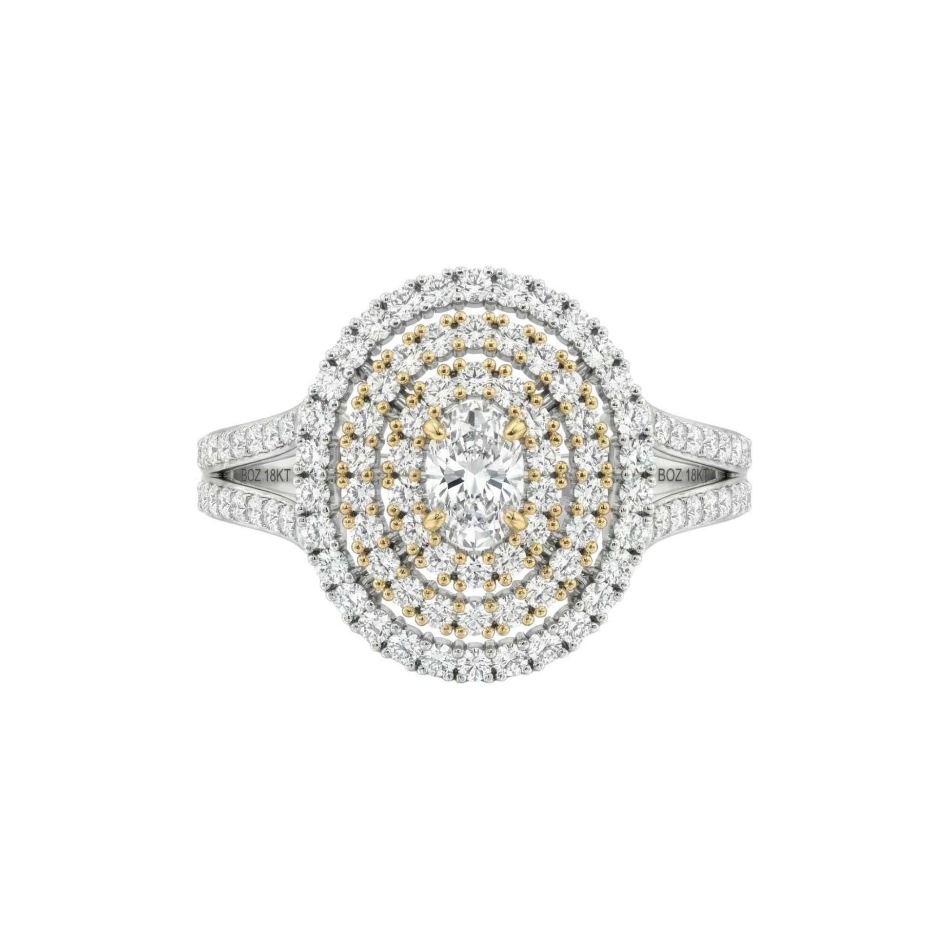 Jasmine Oval Cut natural diamond engagement ring with oval center and layered halos in 18KT gold