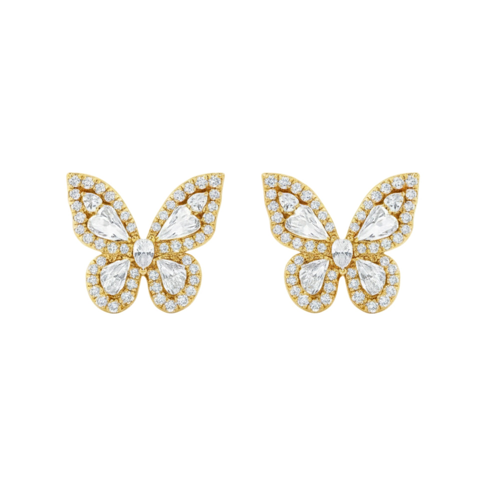 Butterfly-shaped earrings with gold and clear gemstone details on a white background
