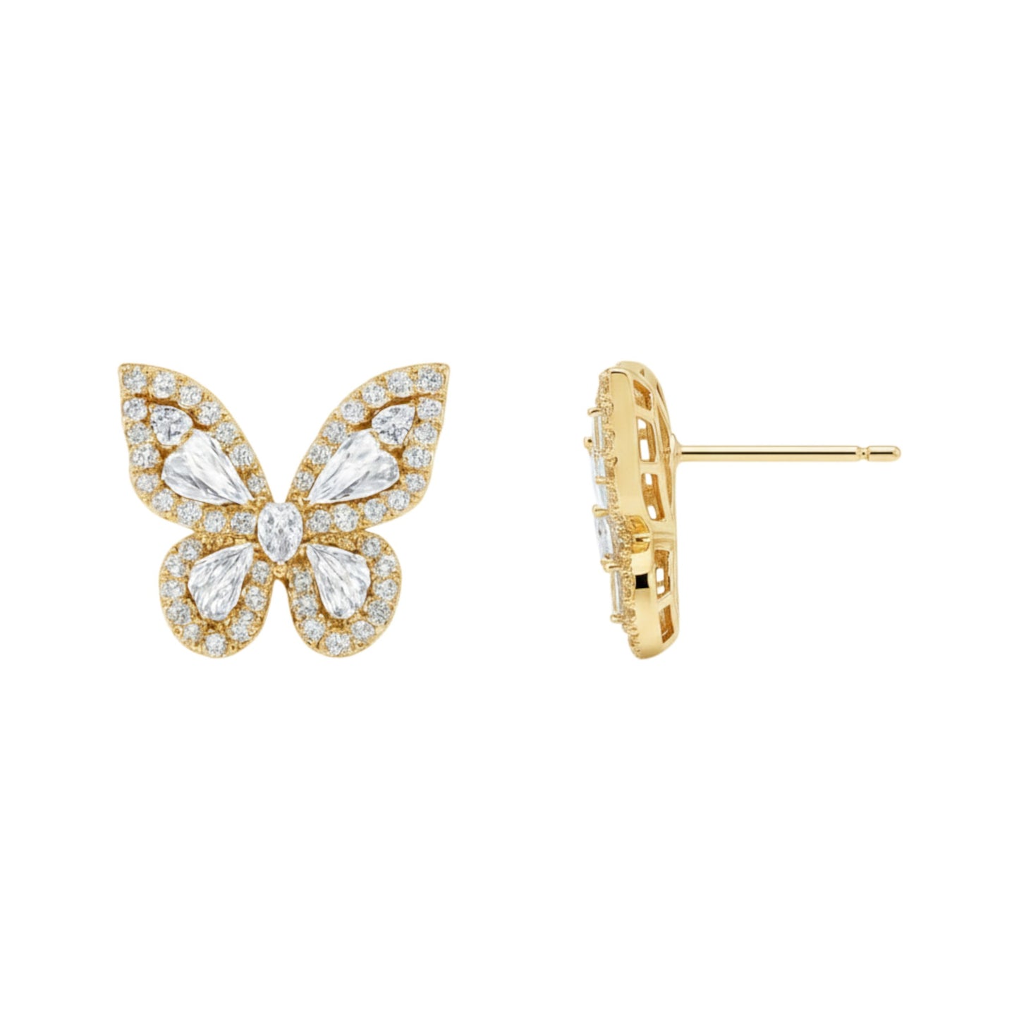 Gold butterfly earrings with clear gemstones on a white background