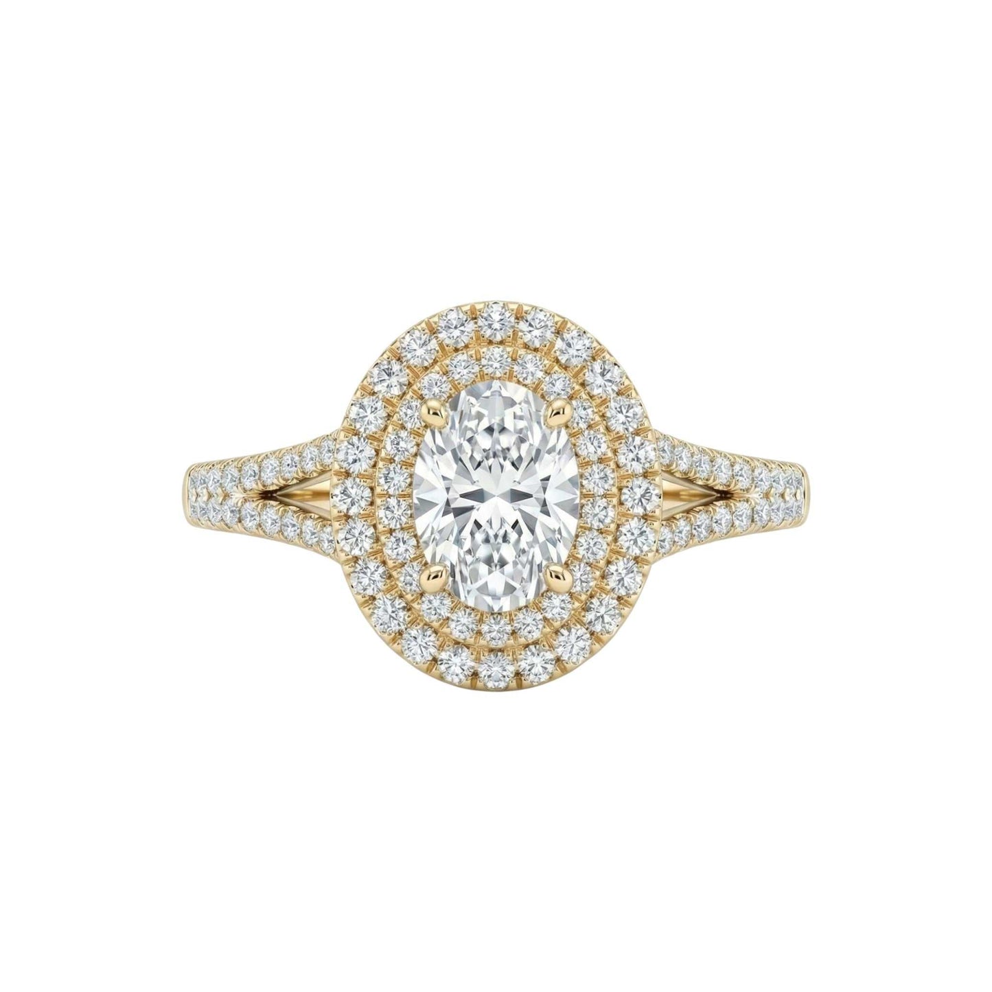 Kylie Oval Cut Moissanite engagement ring with diamond halo and pavé 18KT gold band
