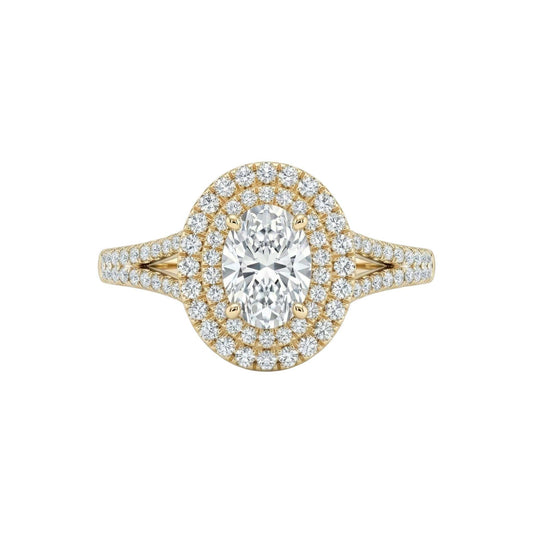 Kylie Oval Cut Moissanite engagement ring with diamond halo and pavé 18KT gold band