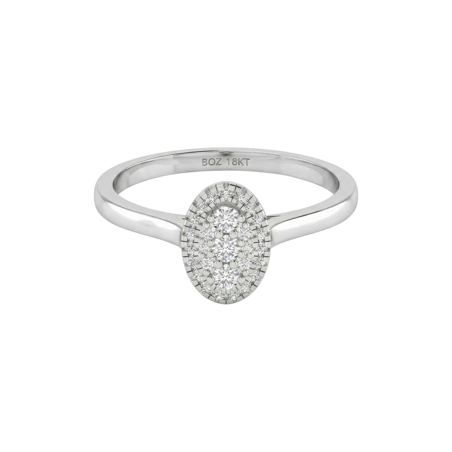 Silver ring with a diamond oval center on a white background