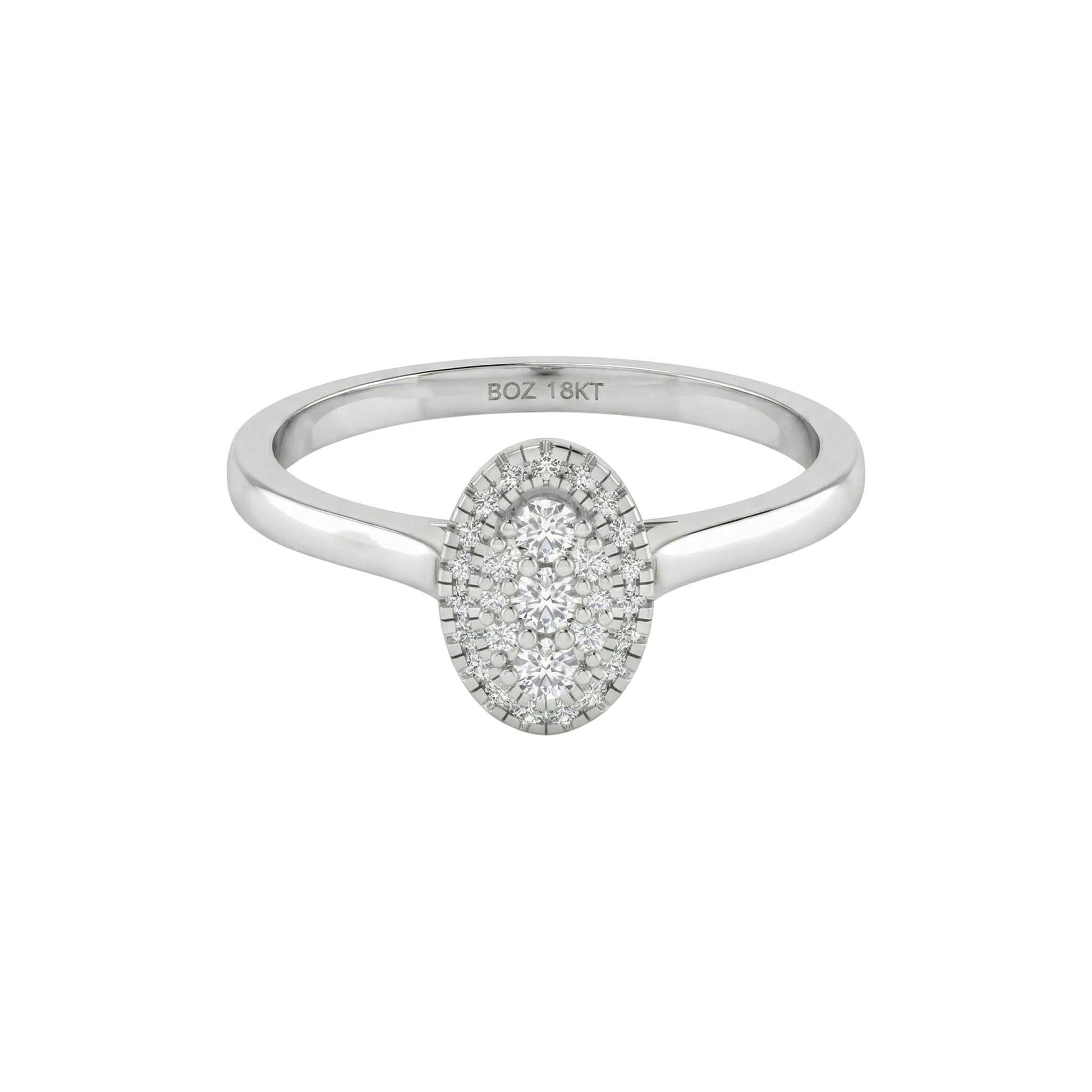 Silver ring with a diamond oval center on a white background