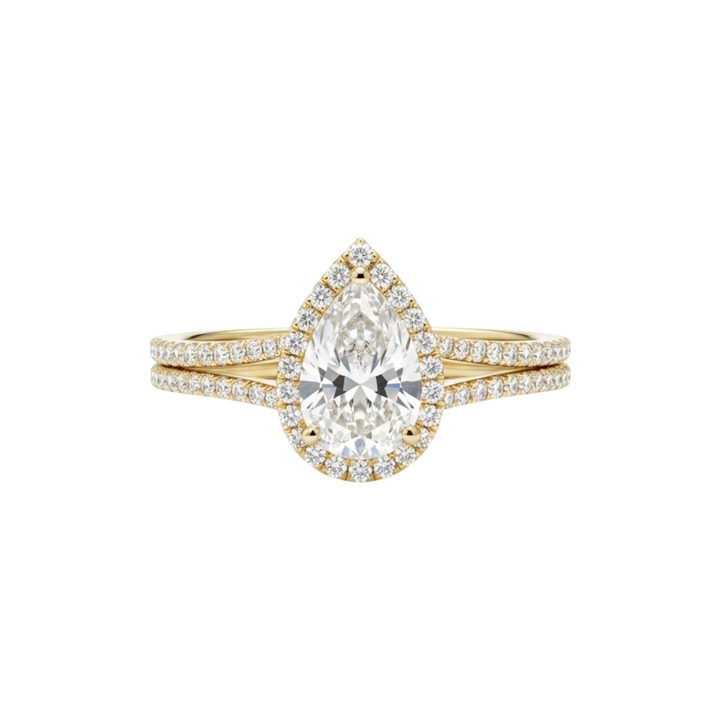 Gold ring with a pear-shaped diamond on a white background