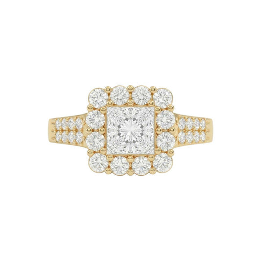 Gold ring with a large central diamond and smaller diamonds around on a white background