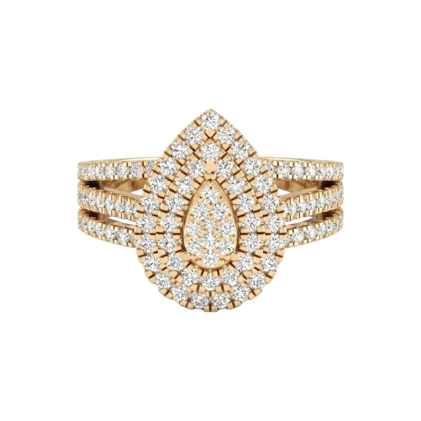 Rose gold ring with diamond accents on a white background