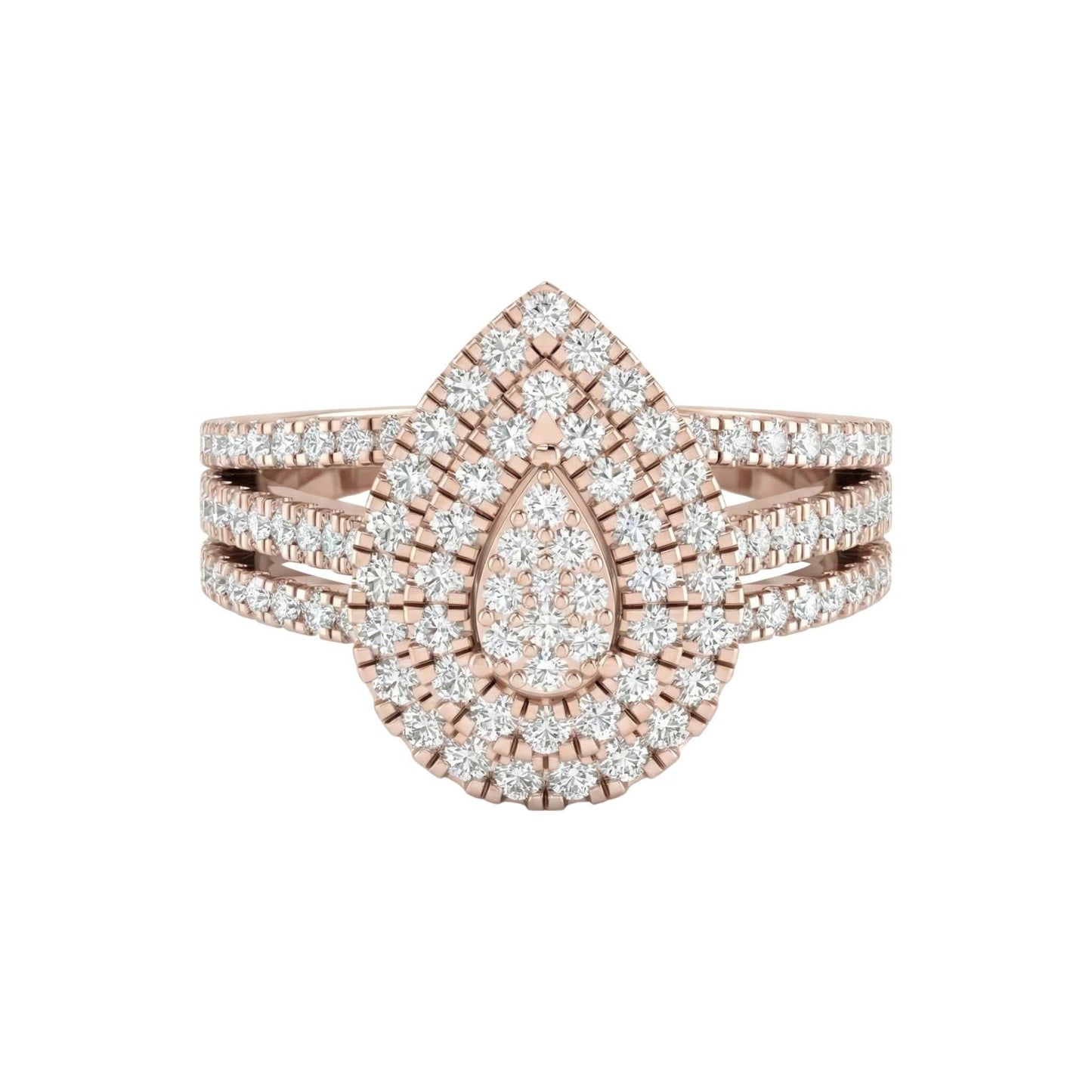 Rose gold ring with diamond accents on a white background