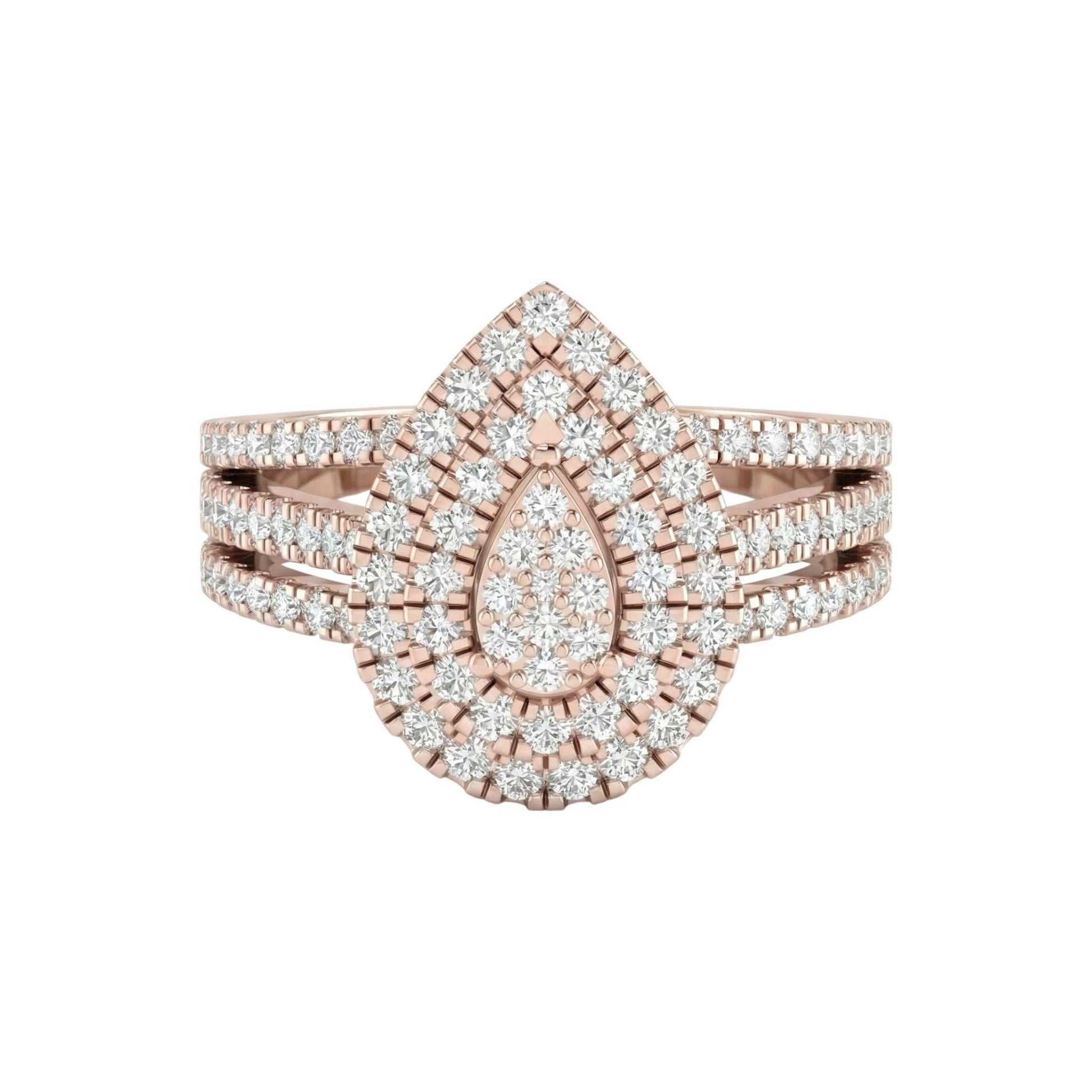 Rose gold ring with diamond accents on a white background