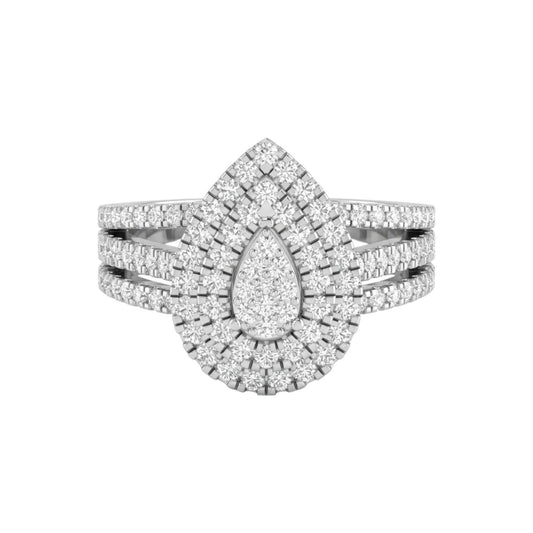 Diamond ring with a pear-shaped center stone on a white background