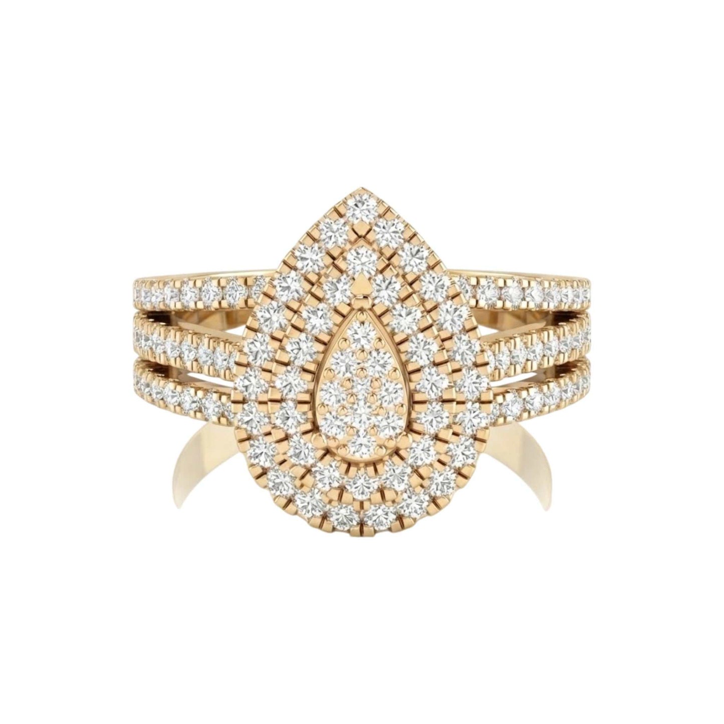 Rose gold ring with diamond accents on a white background