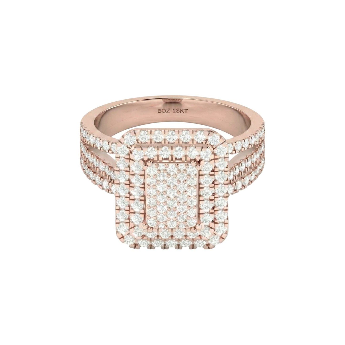 Rose gold ring with diamond accents on a white background