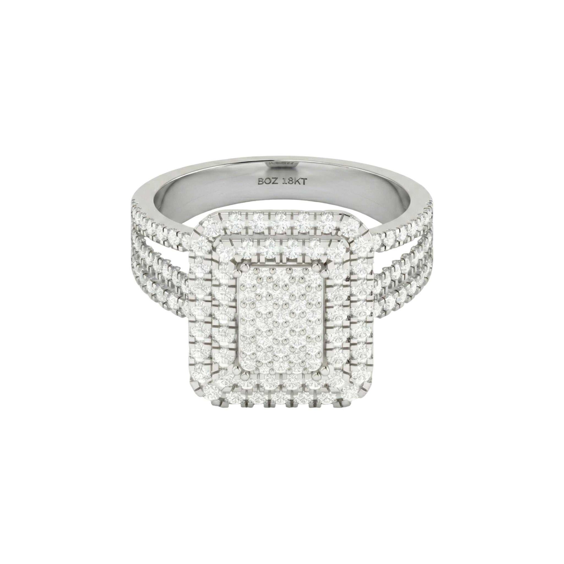 Silver ring with diamond accents on a white background