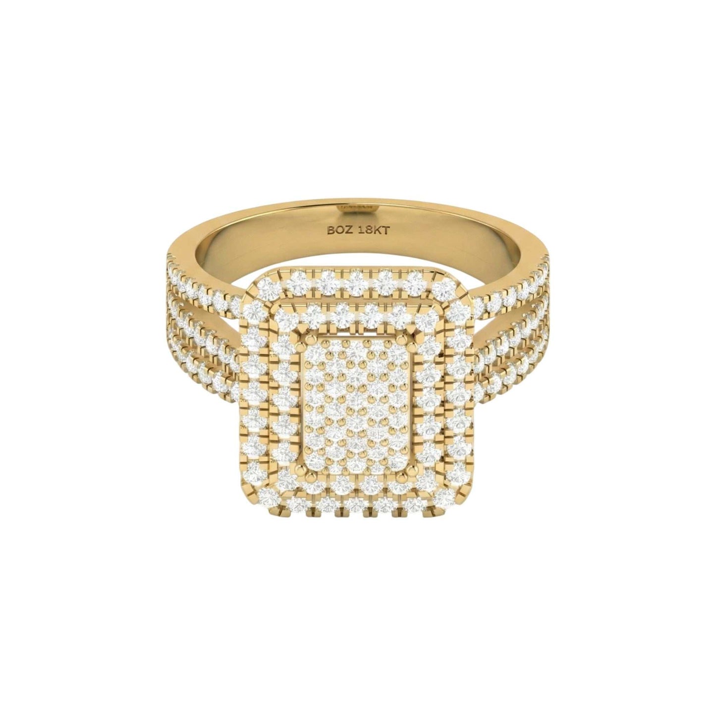 Gold ring with diamond accents on a white background