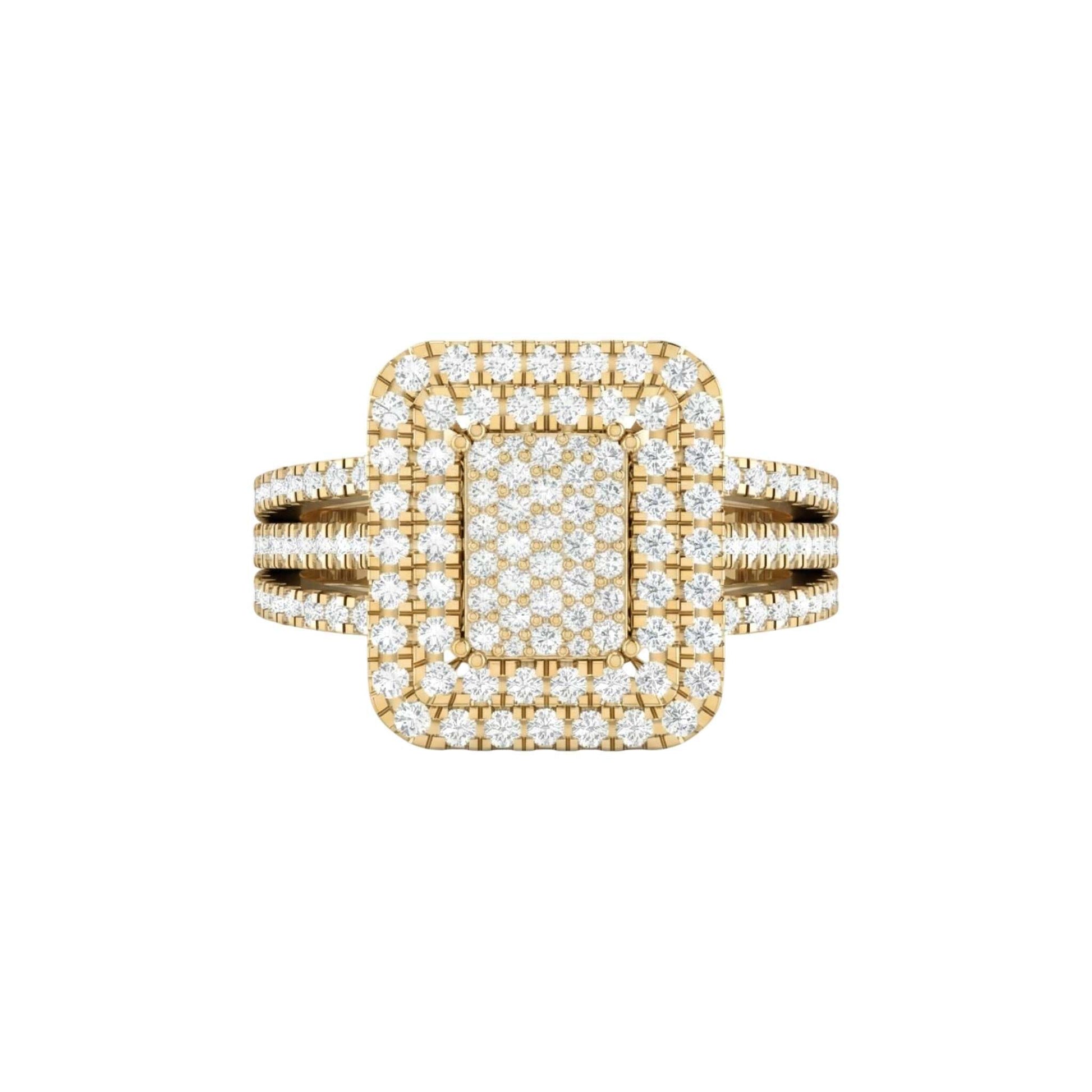 Lovely radiant natural diamond cluster engagement ring in 18KT gold with triple-row pavé band