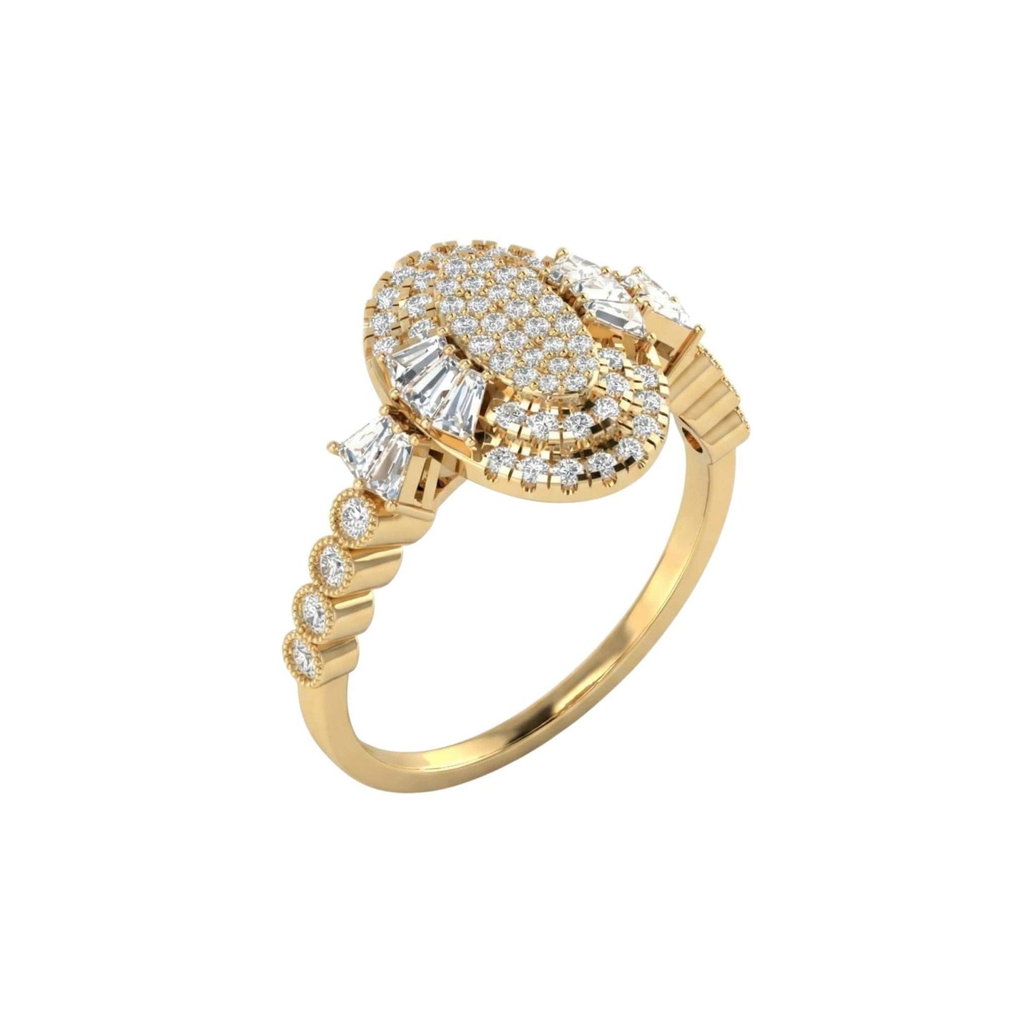 Gold ring with diamond accents on a white background