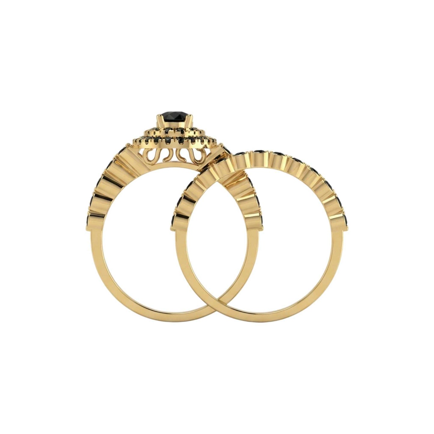 Gold ring with a black gemstone on a white background