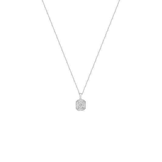 Silver necklace with a square pendant on a white background