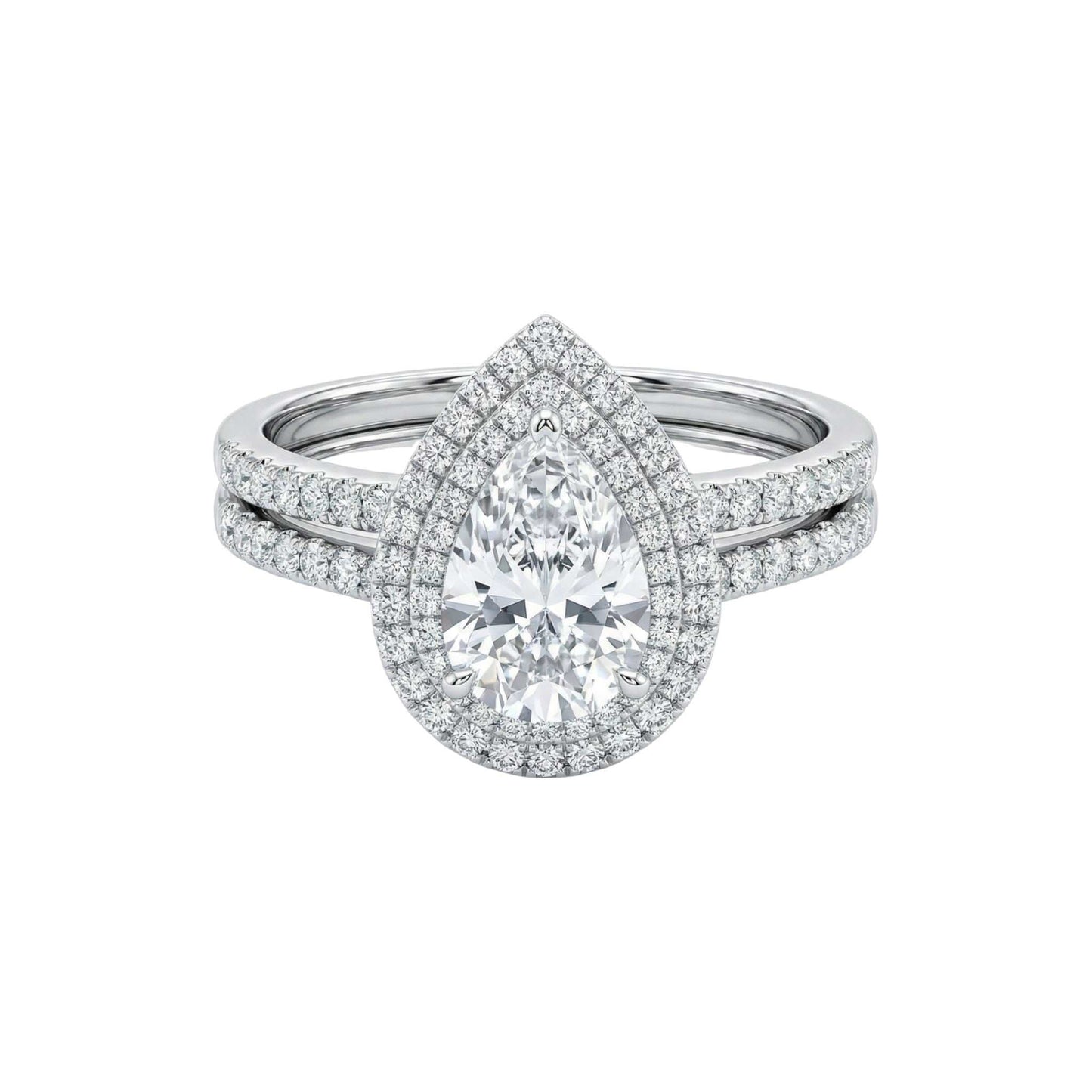 Diamond ring with a pear-shaped center stone on a white background