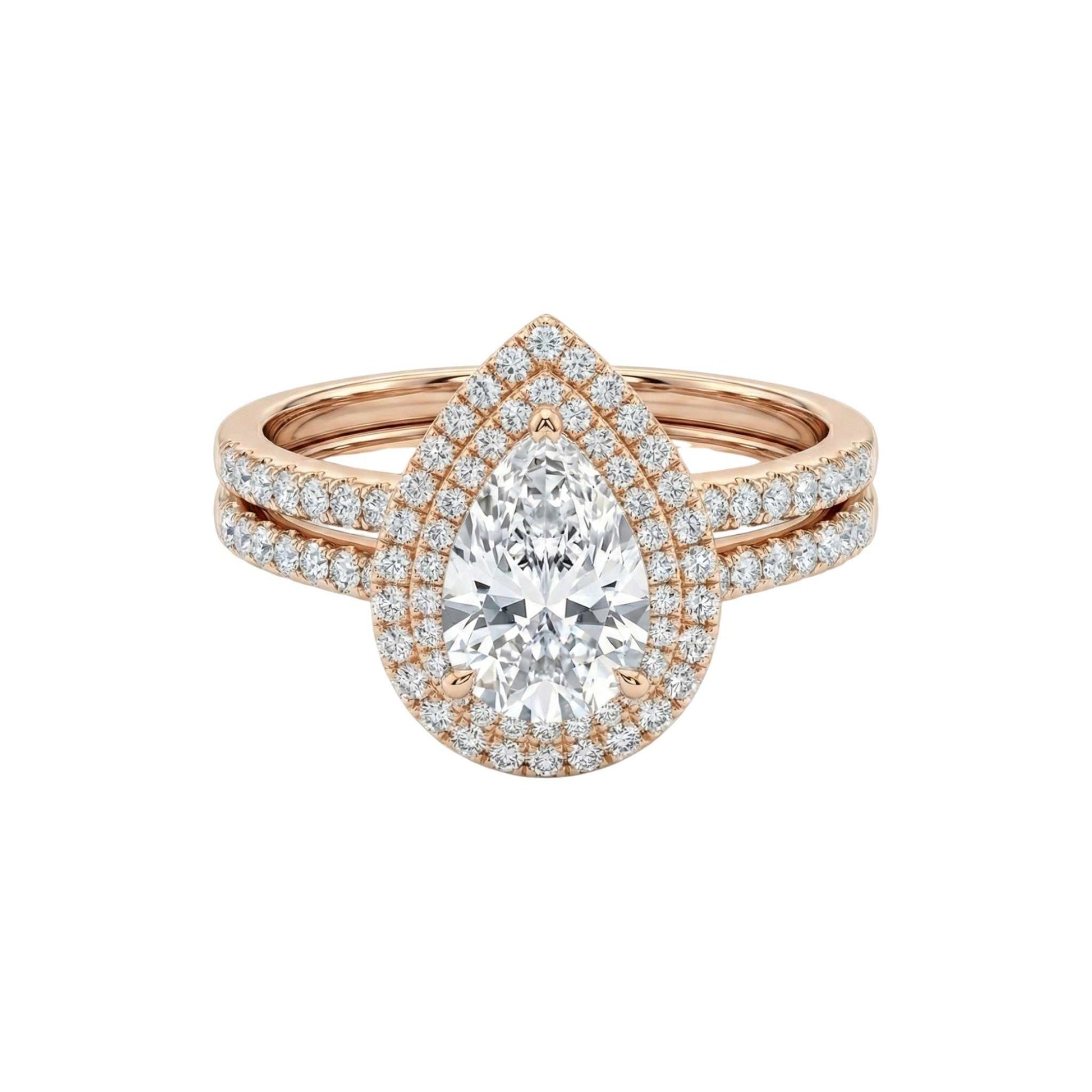 Rose gold ring with a large diamond and smaller diamonds on a white background