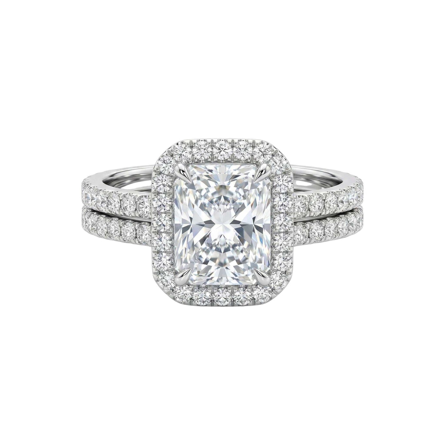 Mia Princess Cut Moissanite bridal set in 925 sterling silver with pavé pavé band and halo detailing