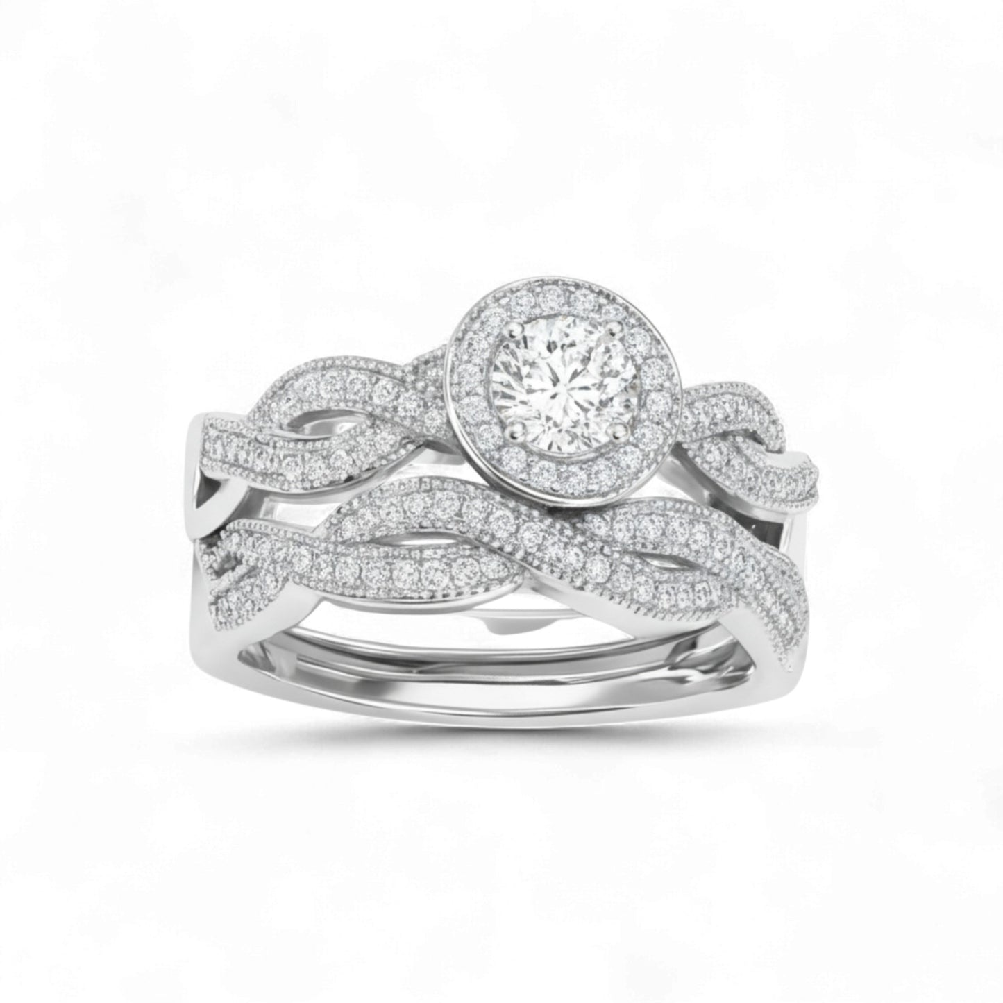 Silver ring with diamond accents on a white background