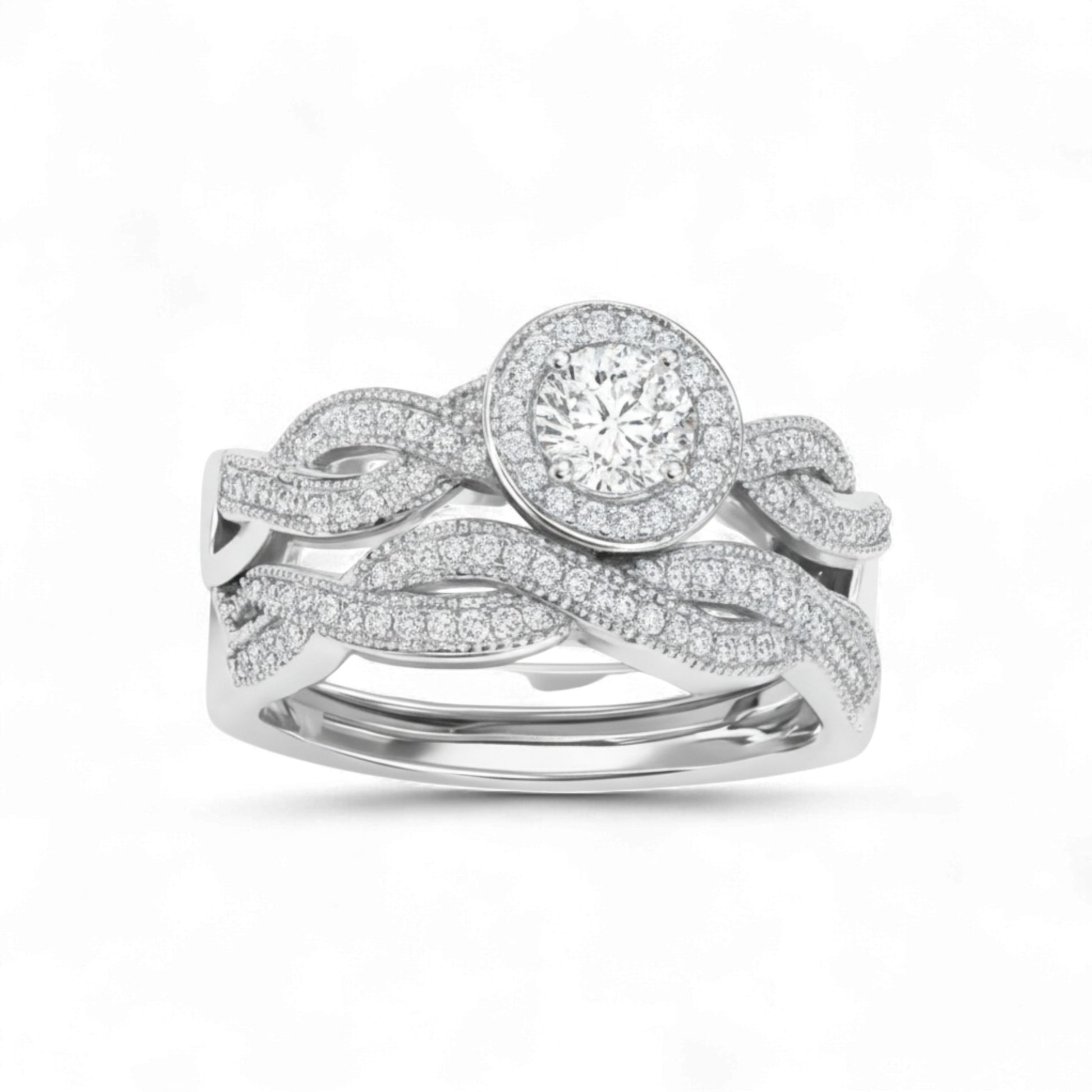 Silver ring with diamond accents on a white background