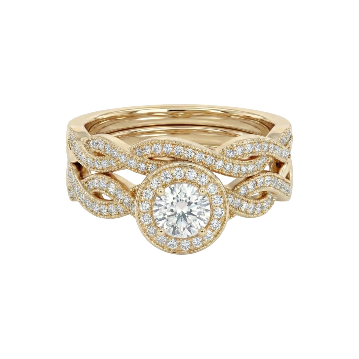 Gold ring with diamond accents on a white background
