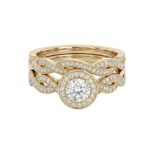 Gold ring with diamond accents on a white background