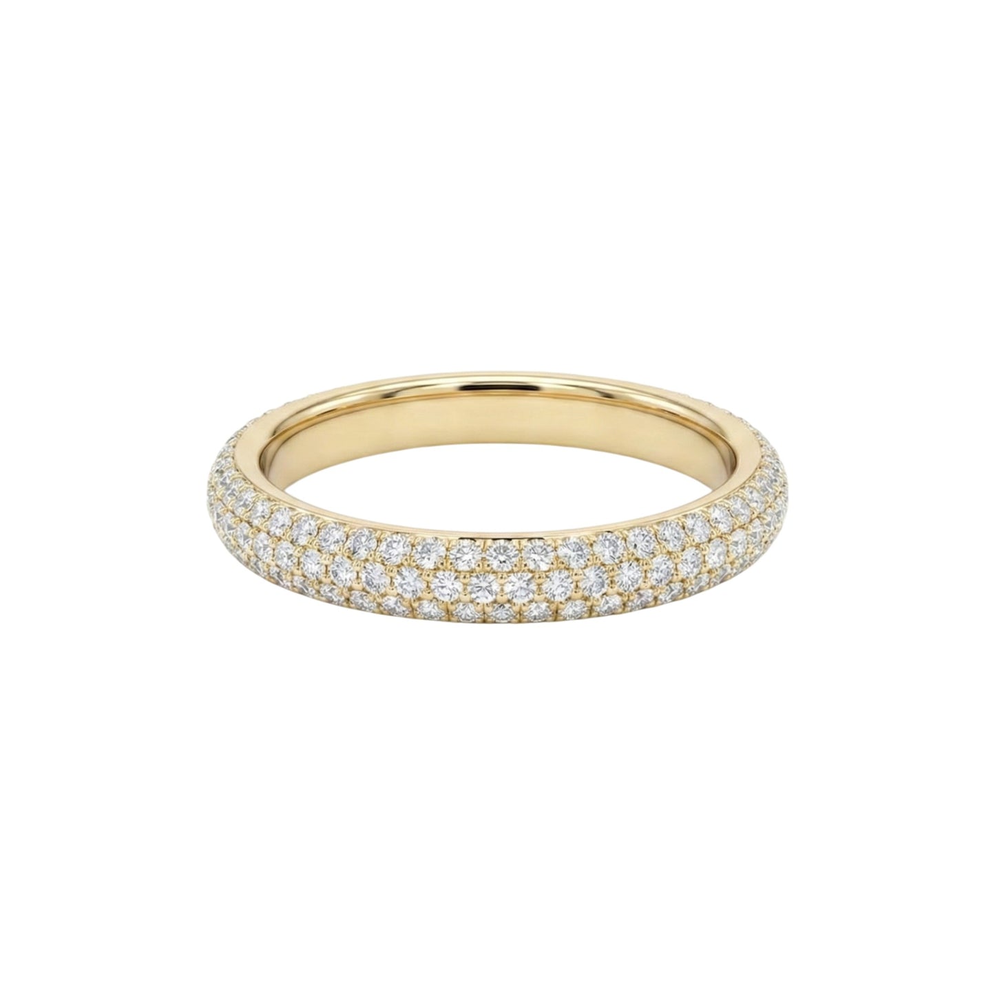 Gold ring with embedded diamonds on a white background