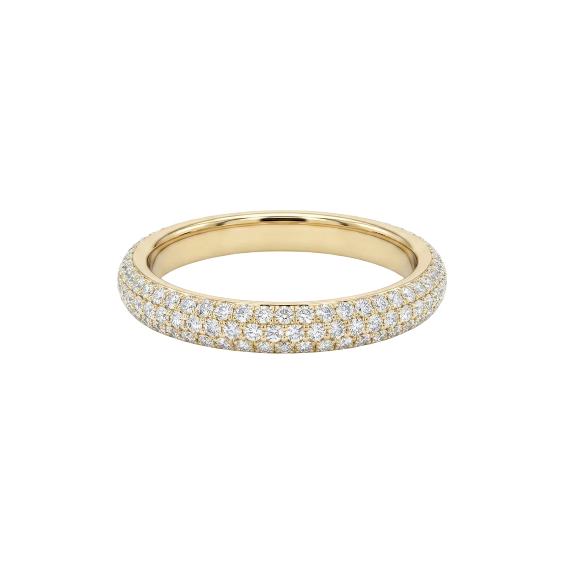 Gold ring with embedded diamonds on a white background