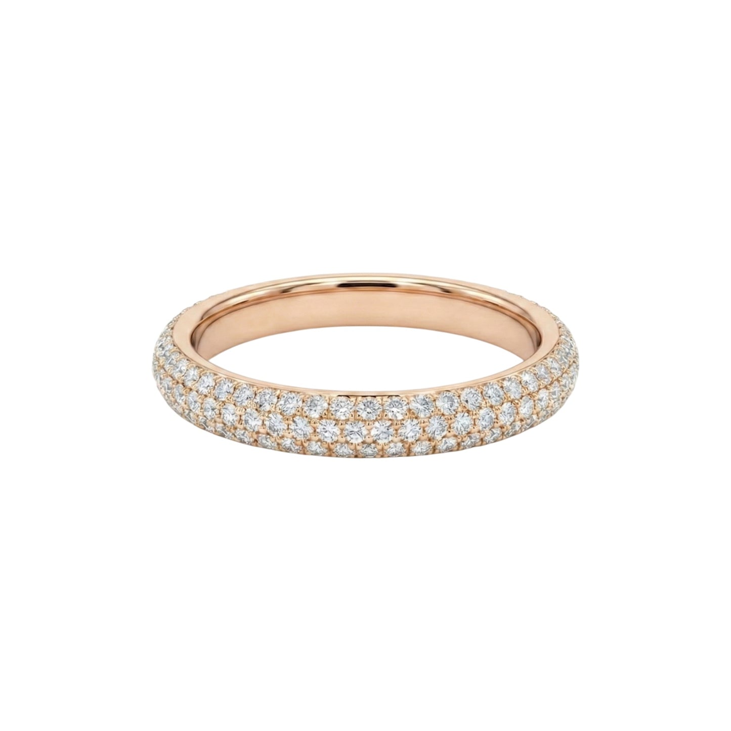 Rose gold ring with embedded diamonds on a white background