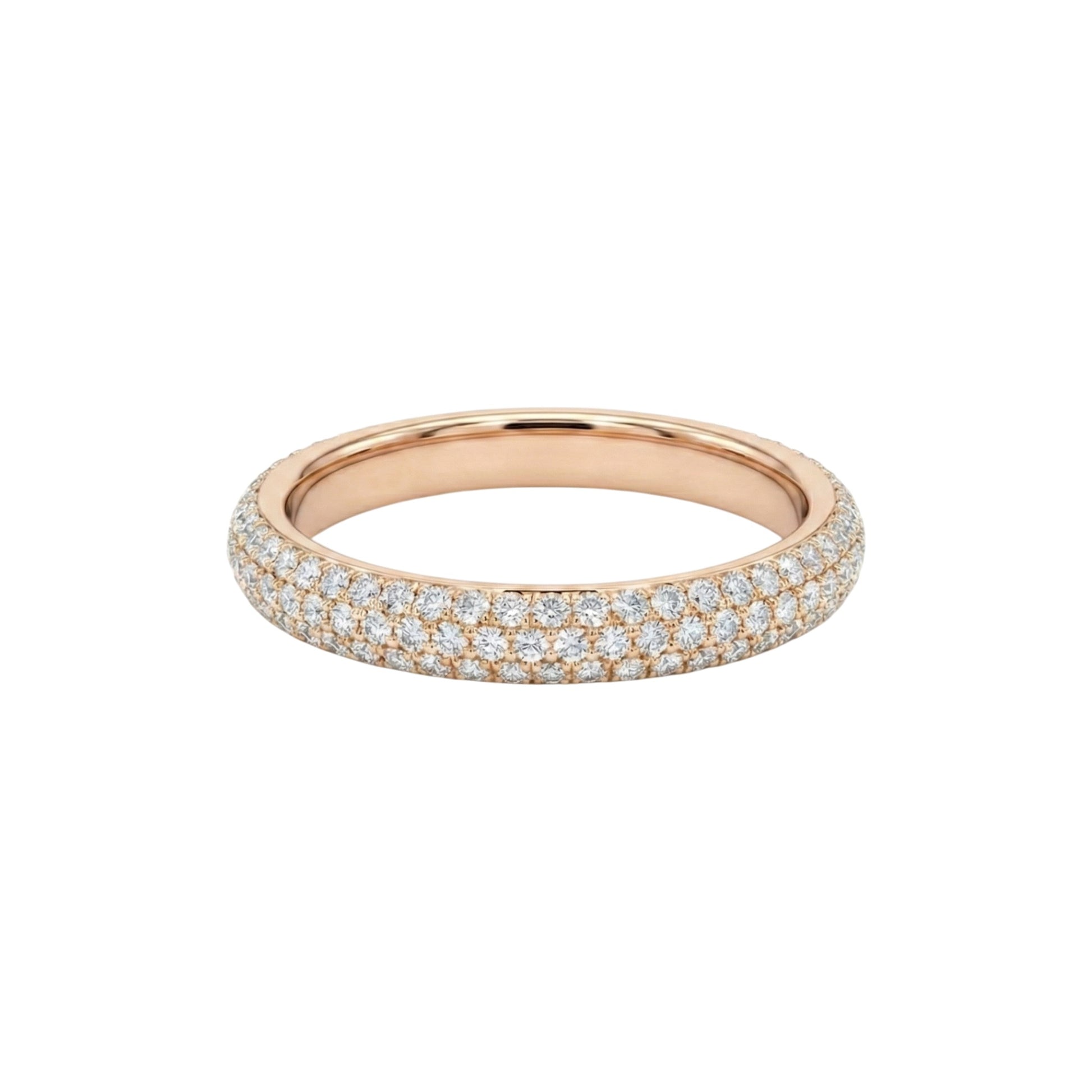 Rose gold ring with embedded diamonds on a white background