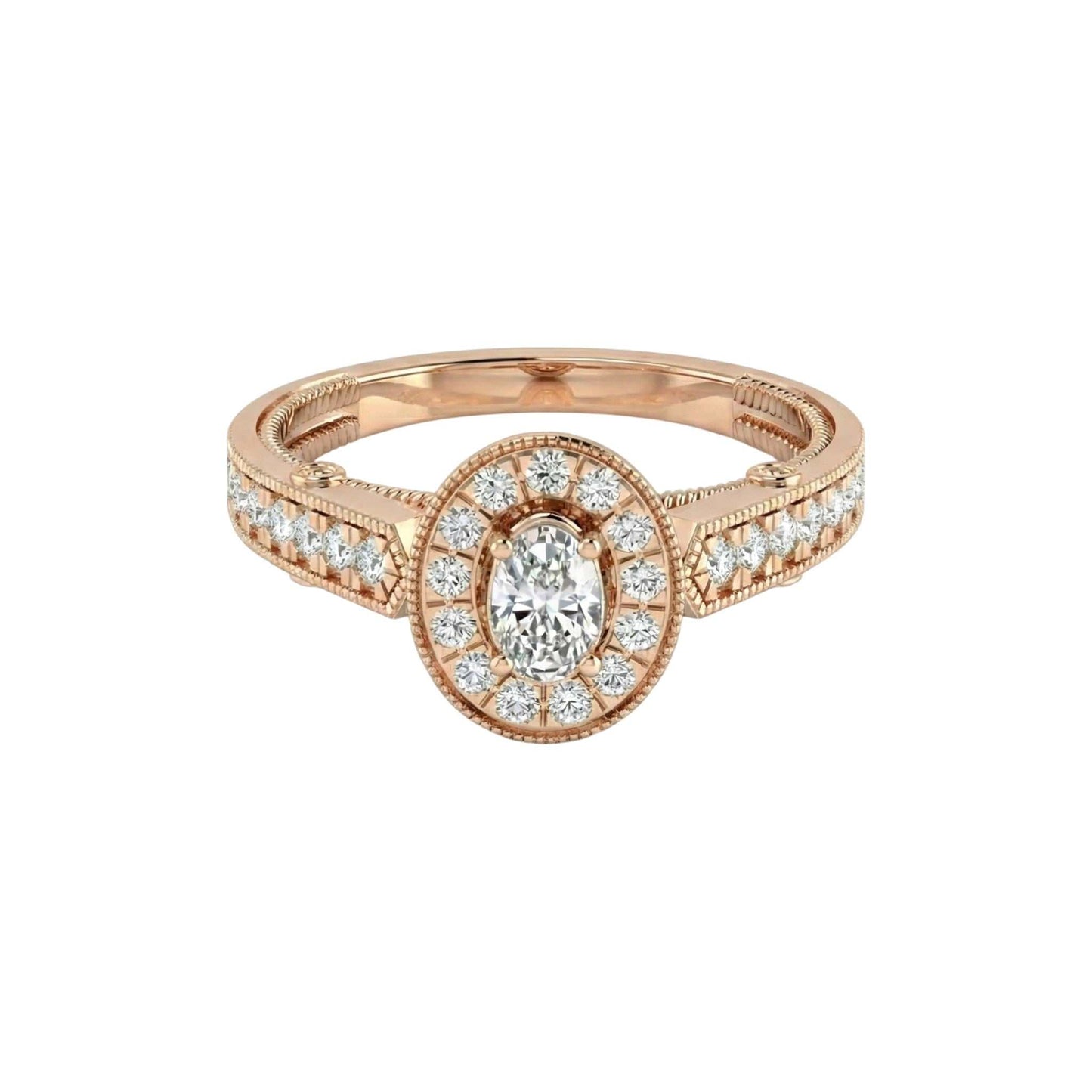 Rose gold ring with diamond accents on a white background