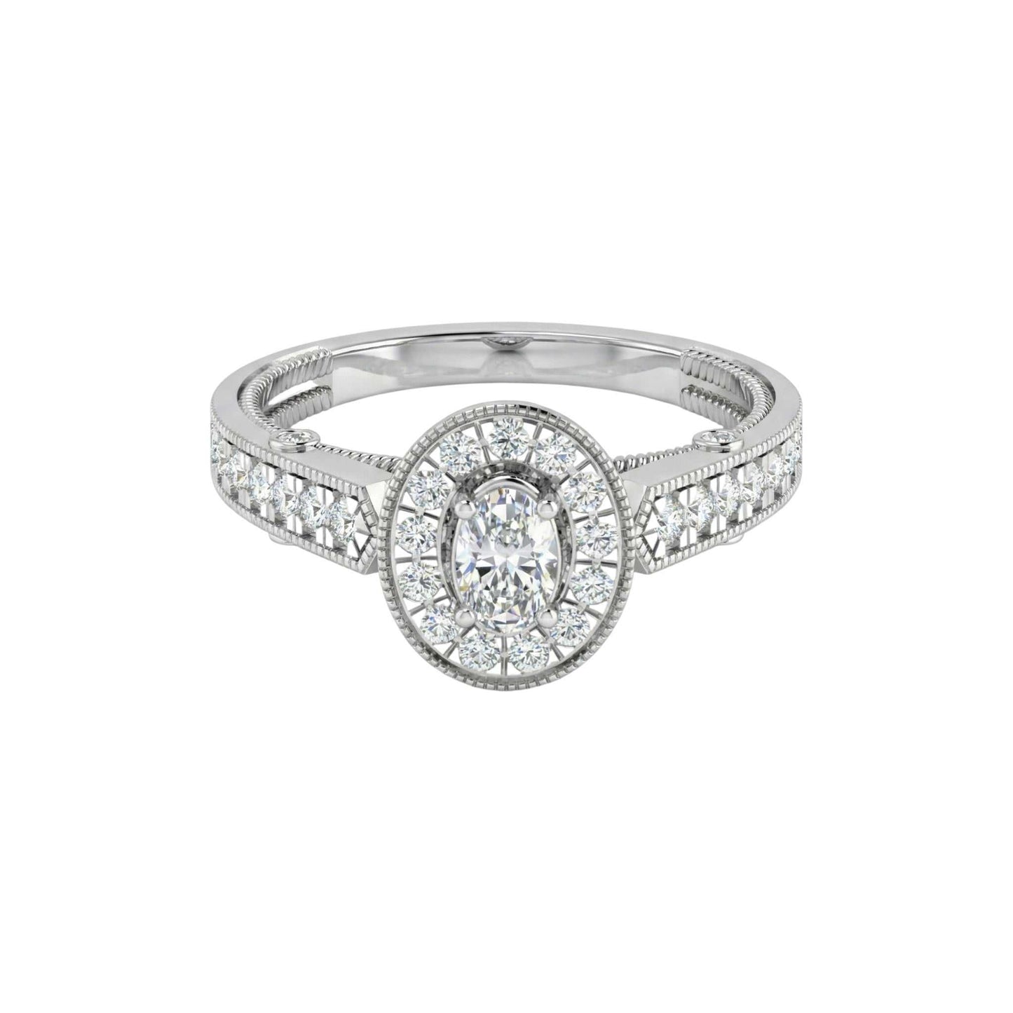 Diamond ring with a halo setting on a white background