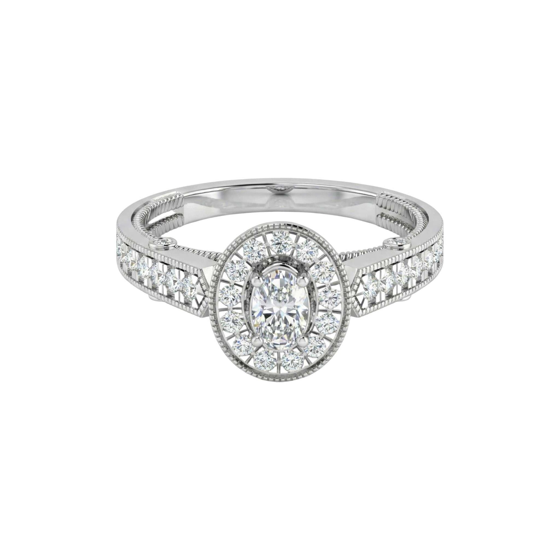 Diamond ring with a halo setting on a white background