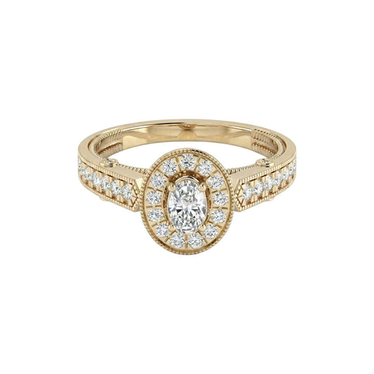 Gold ring with diamond accents on a white background