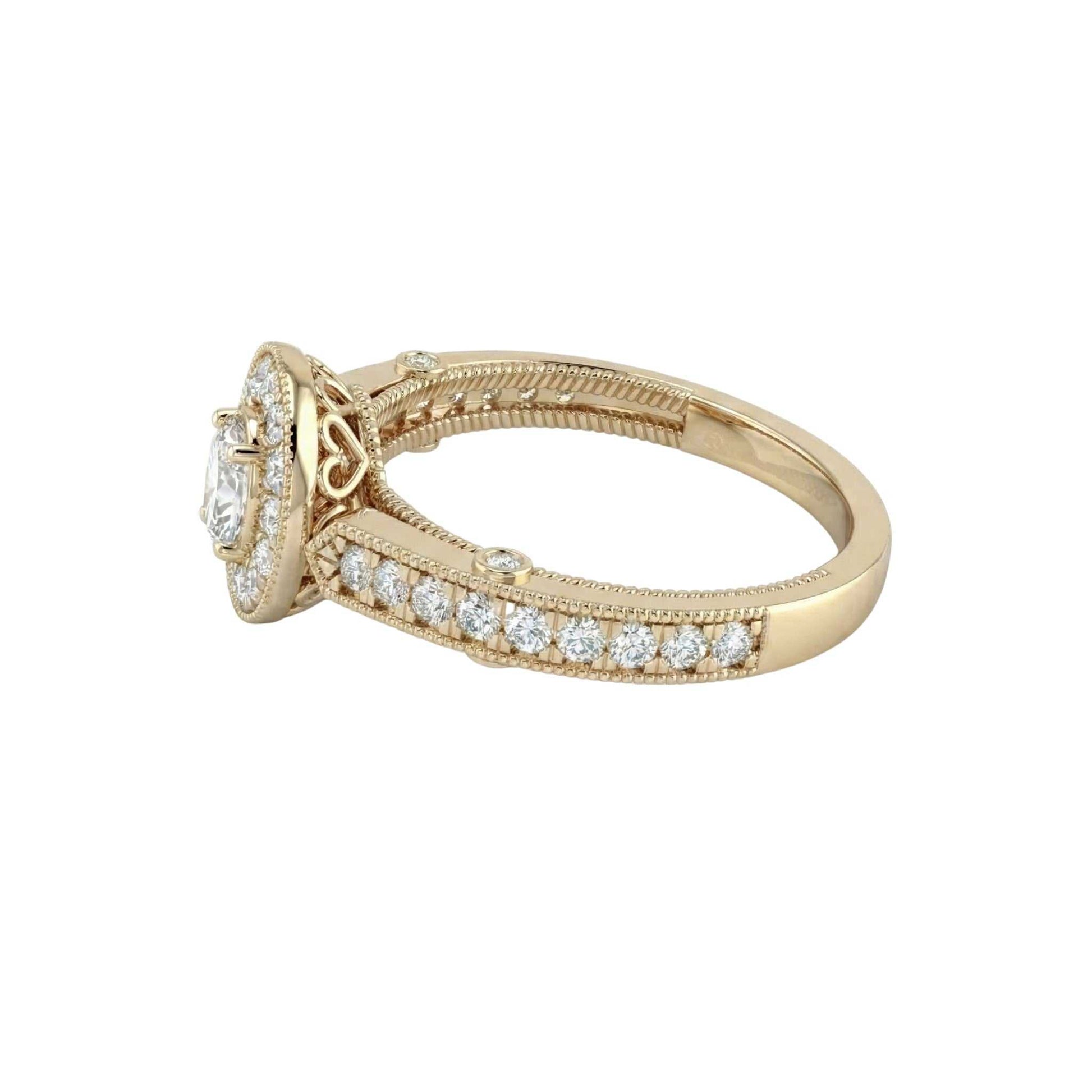 Gold ring with diamond accents on a white background