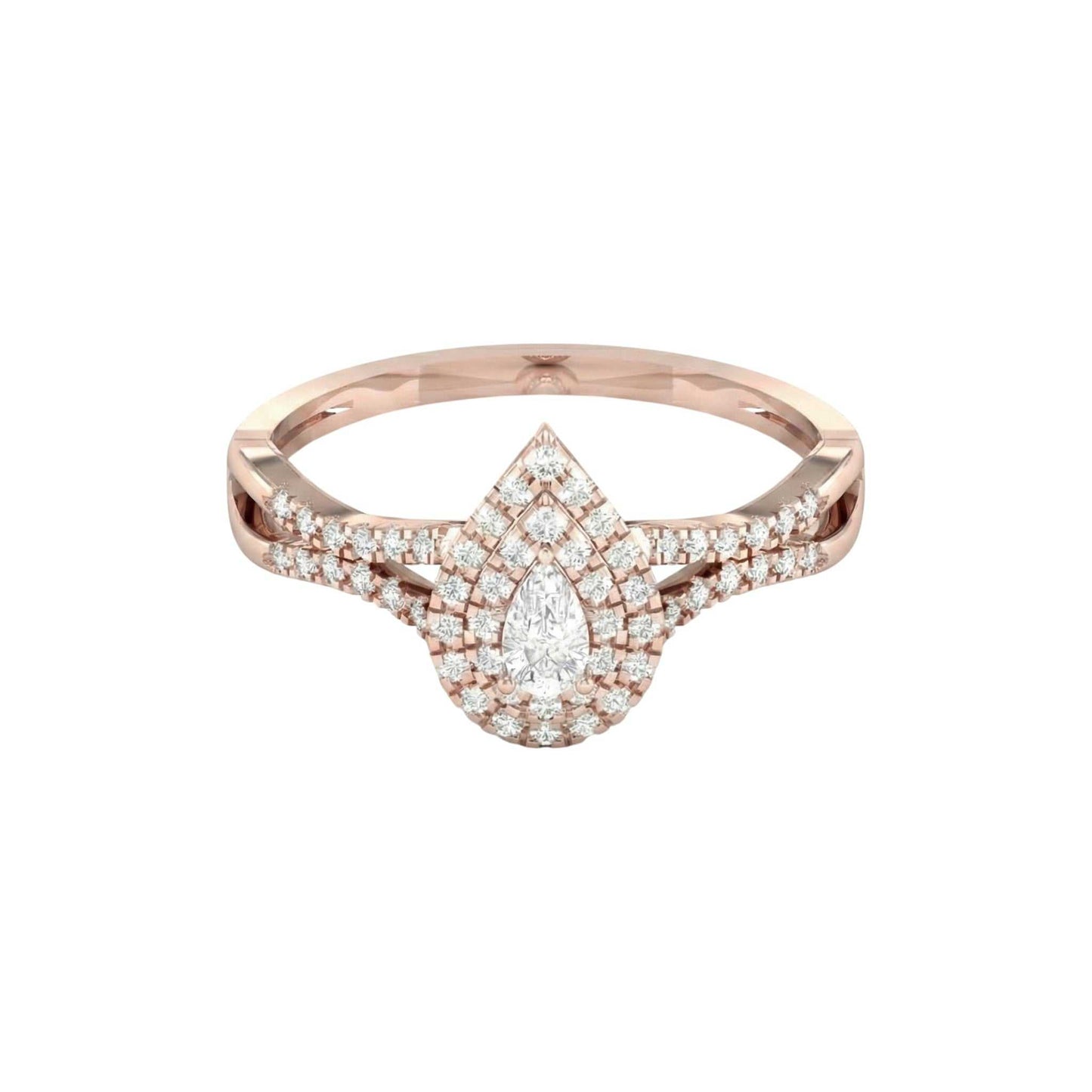 Rose gold ring with a diamond teardrop design on a white background
