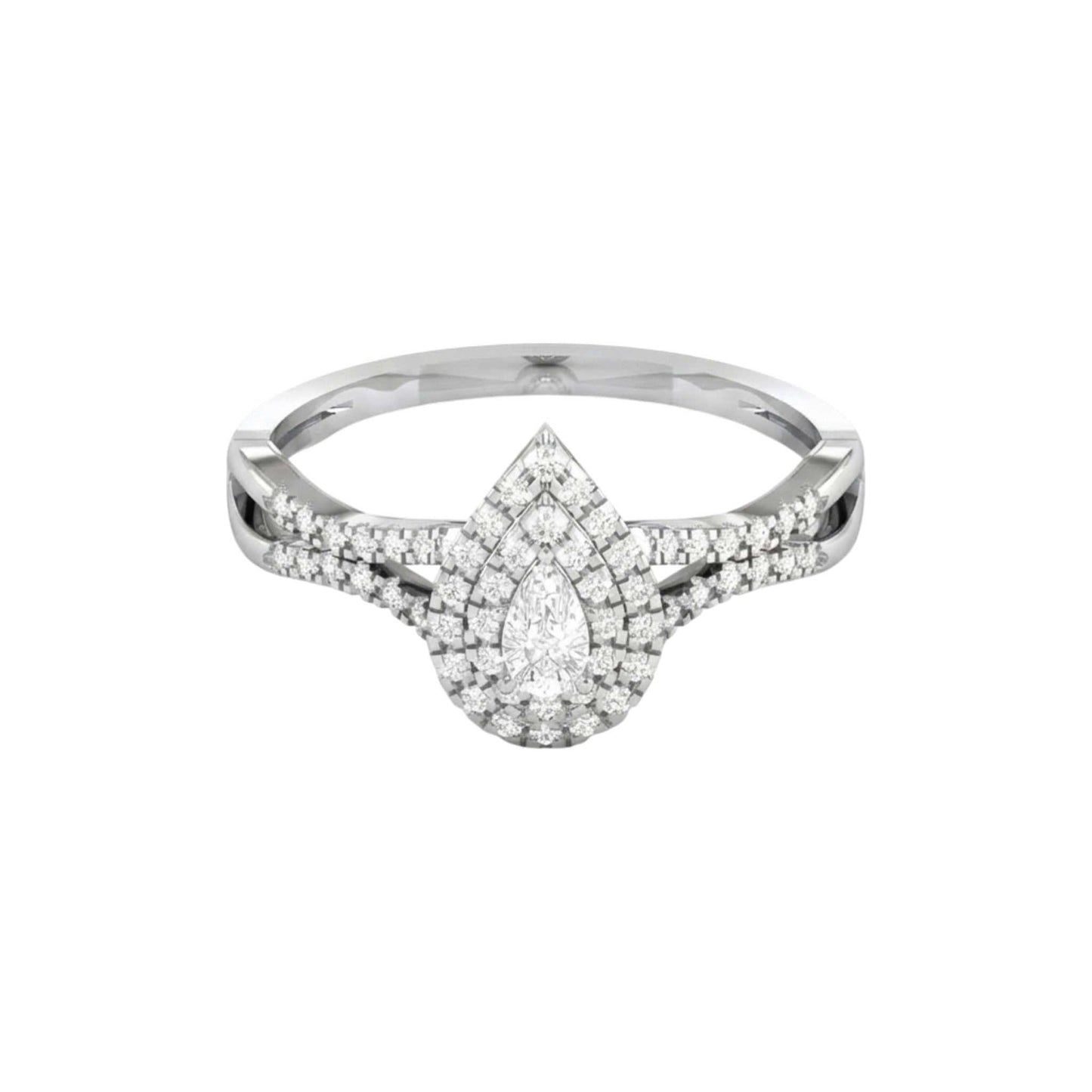 Silver ring with a teardrop-shaped diamond on a white background