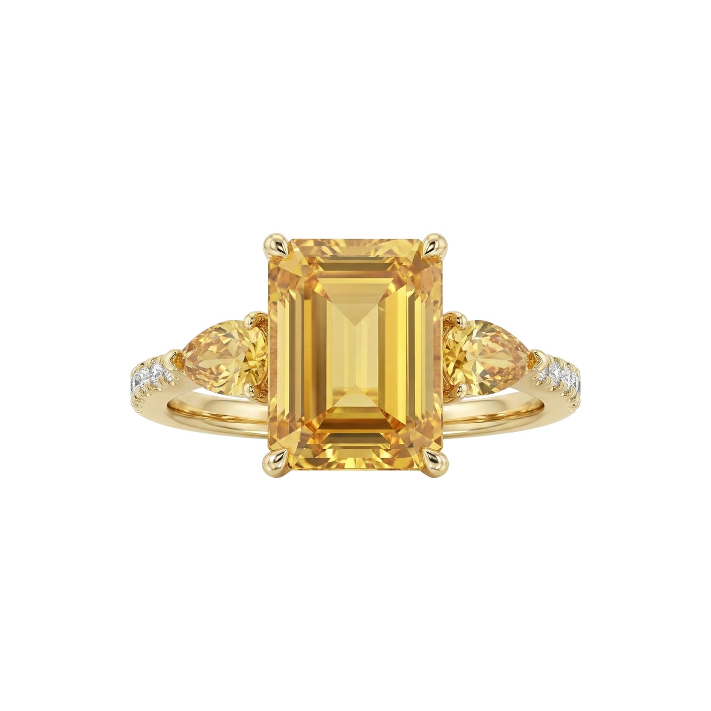 Gold ring with a large yellow gemstone and smaller stones on a white background