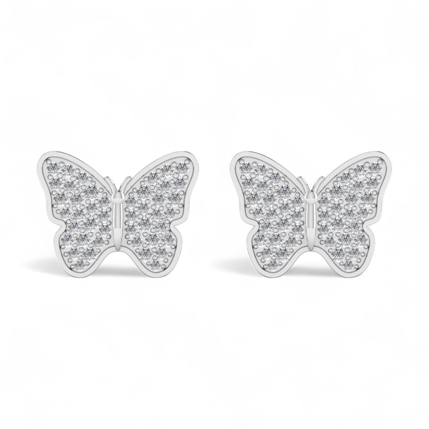 Butterfly-shaped earrings with diamond accents on a white background