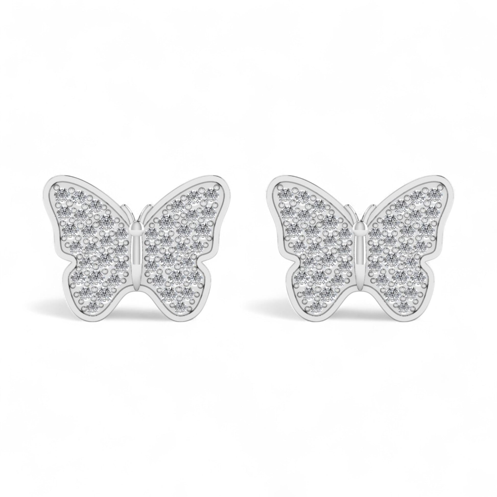 Butterfly-shaped earrings with diamond accents on a white background