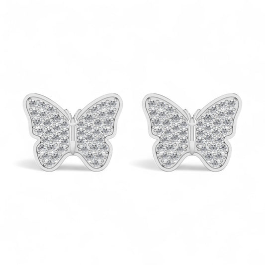 Butterfly-shaped earrings with diamond accents on a white background