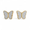 Butterfly-shaped earrings with gold outline and silver center on a white background