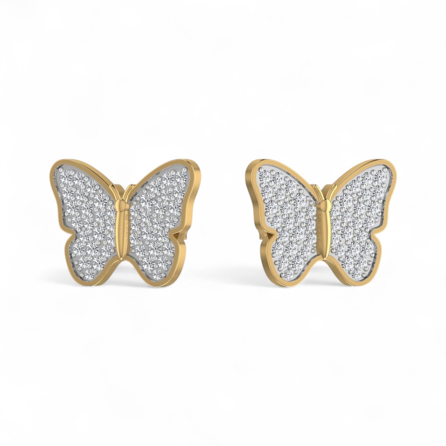 Butterfly-shaped earrings with gold outline and silver center on a white background
